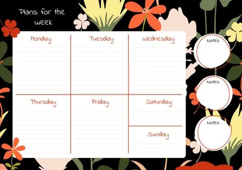 Weekly planner template. Bright flowers on a dark background. Stock Illustration