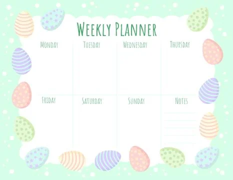 Weekly planner template with Easter eggs in pastel colors. Printable stationa Stock Illustration