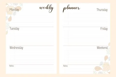 Weekly planner template with Fallen leaves.  Illustrazione stock