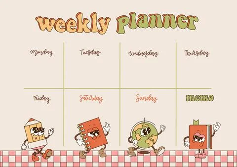 Weekly planner template . Groovy schedule in Retro 70s style, note paper Stock Illustration