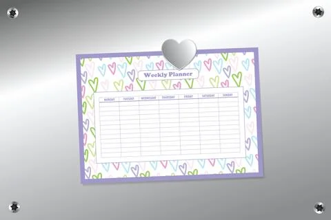 Weekly planner template with silver heart shape magnet on silver pin board .. Stock Illustration