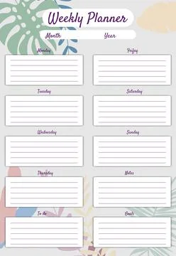 Weekly Planner template vector. Palms floral decoration background, To Do list Stock Illustration