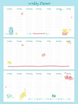 Weekly planner vector template with cute cats Stock Illustration