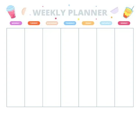 Weekly planning template. Week schedule, school study plan. Cute page for diet Illustrazione stock