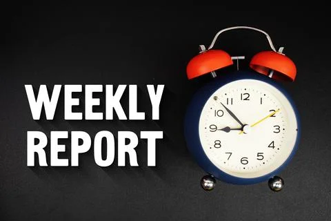 Weekly Report text with alarm clock on black background Stock Photos