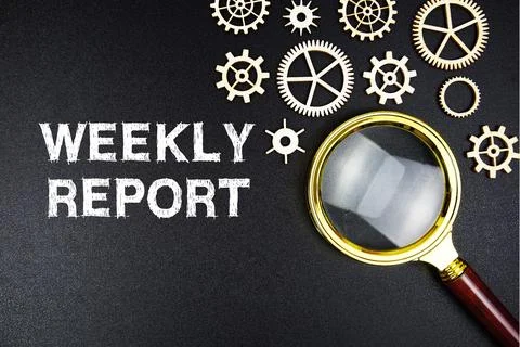Weekly Report text message with magnifying glass on black background Stock Photos