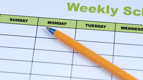 A weekly schedule with a ballpoint pen lying on it. Close up. Stock Footage 306404815