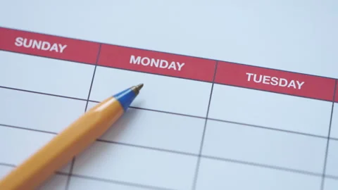 A weekly schedule with a ballpoint pen lying on it. Close up. Stock Footage 307704971