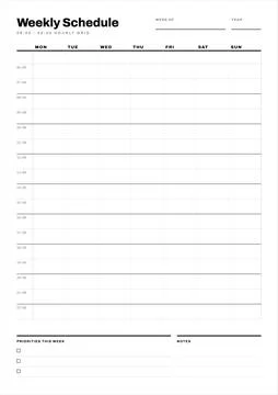 Weekly schedule planner hourly grid template Stock Illustration