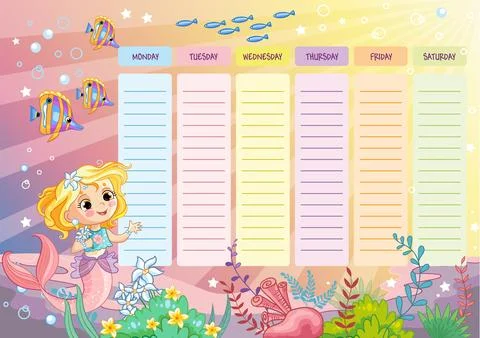 Weekly schedule vector template for school with mermaid vector Stock Illustration