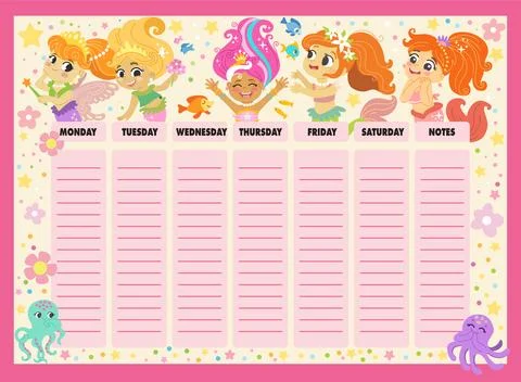 Weekly schedule vector template for school with mermaids vector Stock Illustration