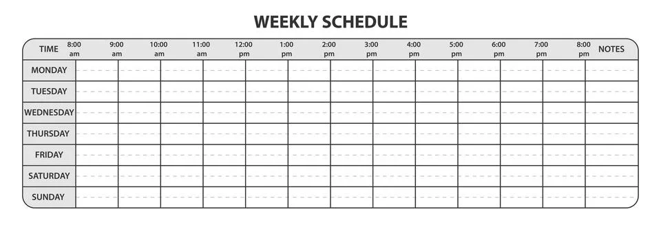 Weekly schedule with working hours and extra space for notes Stock Illustration