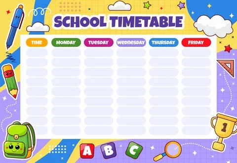 Weekly School Planner Timetable for Kid. Printable Cute School Schedule Stock Illustration