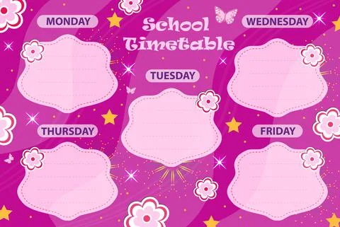 Weekly school timetable template with cute design elements. Weekday planner for Stock Illustration