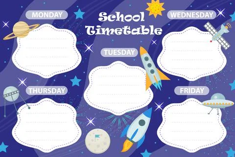 Weekly school timetable template with cute design elements. Weekday planner for Stock Illustration