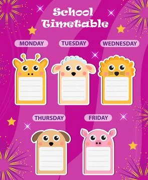 Weekly school timetable template with cute design elements. Weekday planner for Stock Illustration