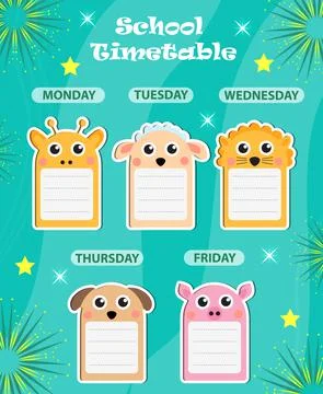Weekly school timetable template with cute design elements. Weekday planner for Stock Illustration