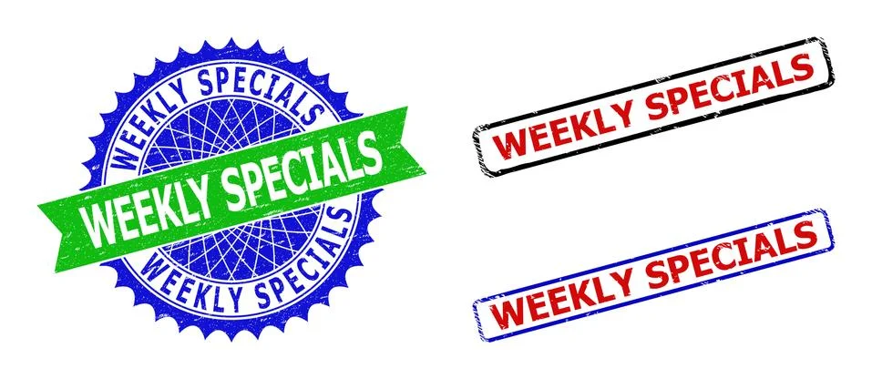 WEEKLY SPECIALS Rosette and Rectangle Bicolor Stamp Seals with Scratched Styles Stock Illustration