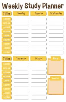 Weekly Study Planner Template with Hourly Schedule Stock Illustration