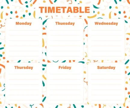 Weekly Timetable with Confetti background. Schedule planner template. Schoo.. Stock-Illustration