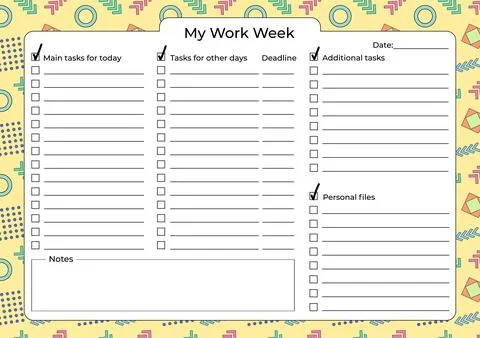 Weekly Work Planner with Task Checklist and Notes Stock Illustration