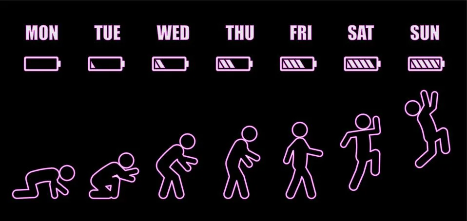 Weekly working life evolution hollow neon battery Free Stock Illustration