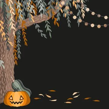 Weeping willow tree, pumpkins, and thread ball garlands vertical corner fra.. Stock Illustration