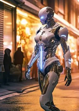 Weiblicher Roboter läuft bei Nacht durch die Straßen in einer futuristisch. Stock Photos