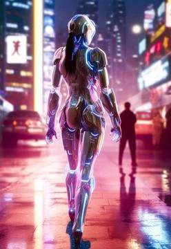 Weiblicher Roboter läuft bei Nacht durch die Straßen in einer futuristisch. Stock Photos