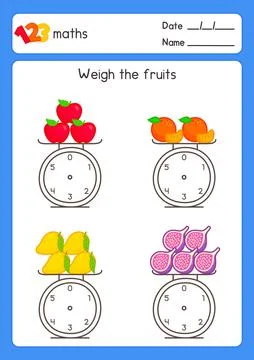 Weigh the fruit and write it on the scale in maths subject exercises sheet kawai Stock Illustration