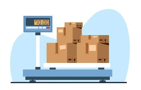 Weighing cardboard boxes with load on floor electronic scale. Warehouse Stock Illustration