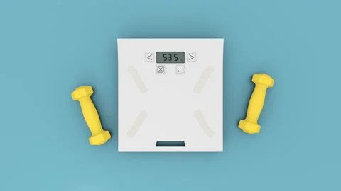 Weighing scale with two yellow dumbbells on the cyan blue flat layer background Stock Footage 158630985