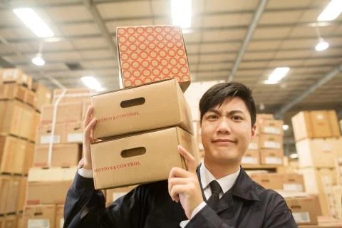 Weight box Take it. Logistics Uniform Portrait The Blue Man of the Year Stress Stock Photos