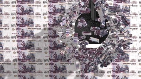 Weight breaks money wall with transparency alpha channel Russia rubles  RUR  RUB Stock Footage 95958109