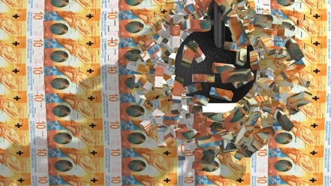 Weight breaks money wall with transparency alpha channel  franc Switzerland  CHF Stock Footage 95958423