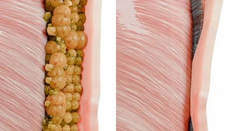 Weight loss Comparison. Before and after a thick and thin waist, Fat belly burn Stock Illustration
