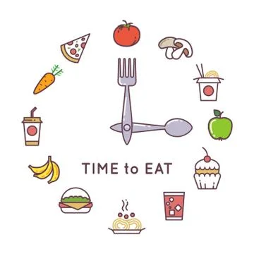Weight loss diet vector concept with clock and food icons Stock Illustration