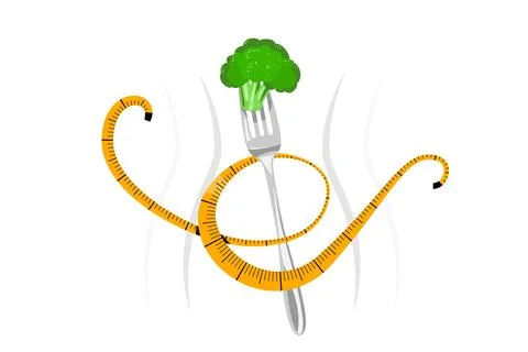 Weight loss, eat diet vector illustration. Fork with fresh broccoli and yel.. Stock Illustration