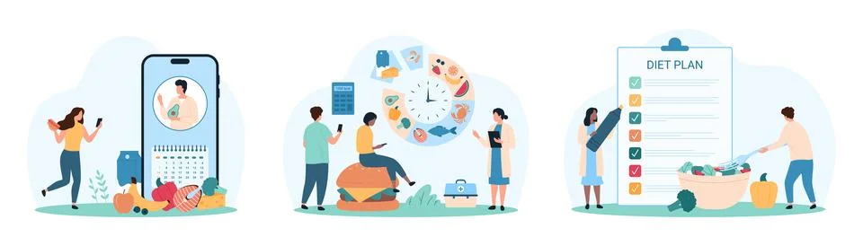 Weight loss program, diet planning set, tiny people eat healthy food, control Stock-Illustration