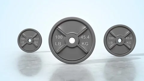 Weight Plates on a Light Reflective Floor. Weight Lifting 3D Animation. 4K Vidéo 302361347