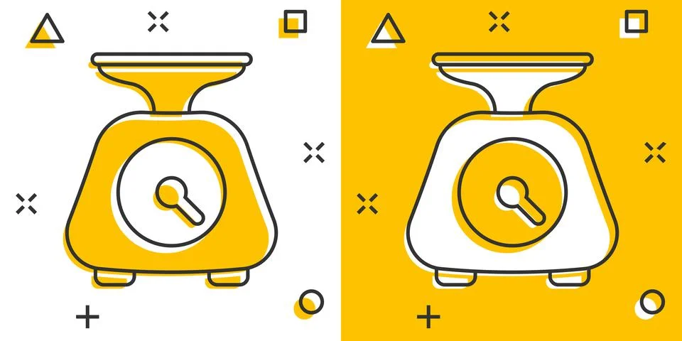 Weight scale icon in comic style. Mass measurement cartoon vector illustrat.. Stock Illustration
