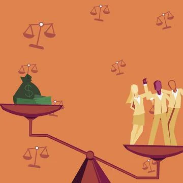 Weight scale presenting workers value over money. Colleagues achieving teamwork Illustrazione stock