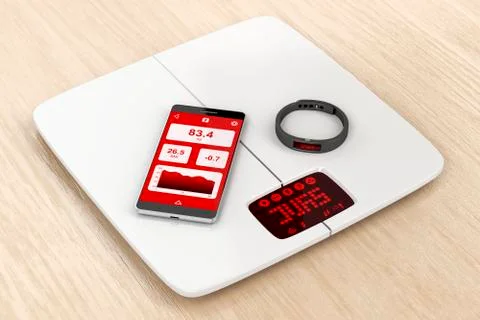 Weight scale, smartphone and activity tracker Illustrazione stock