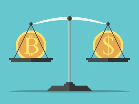 Weight scales, bitcoin, dollar Stock Illustration