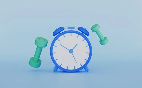 Weight training activity, Dumbbell and alarm clock, Muscular building time Stock Photos