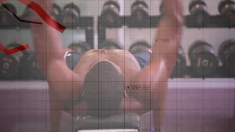 Weightlifter gripping dumbbells causing gridlines metrics showing pressing 動画素材 314530616