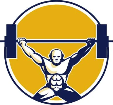 Weightlifter Lifting Weights Circle Retro. Stock Illustration