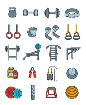 Weightlifting flat vector thin lines icons set Stock-Illustration