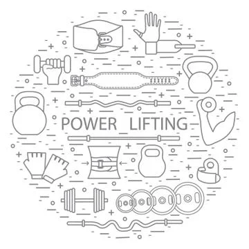 Weightlifting training objects arranged in a circle. Illustrazione stock