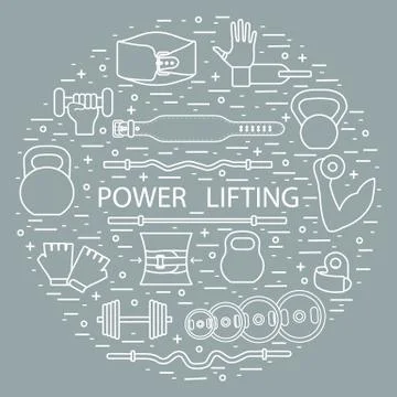 Weightlifting training objects arranged in a circle. Illustrazione stock